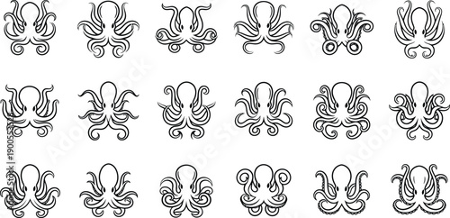 Group of 15 minimalist black line art octopus illustrations, each with unique tentacle arrangements, perfect for graphic design and patterns.