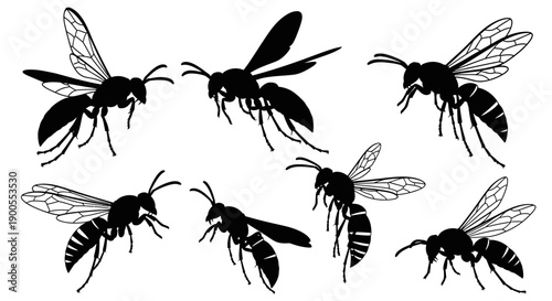 Vector silhouette illustrations of wasps in various poses, flying, hovering and resting.