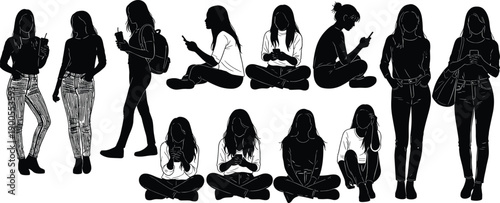 Set of young woman silhouettes standing and sitting while using smartphones, female characters with backpack and coffee, modern lifestyle concept, vector illustration,
