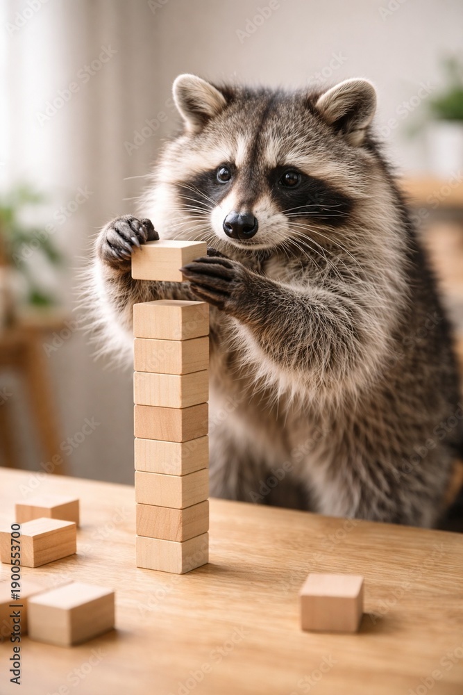 custom made wallpaper toronto digitalIntelligent Raccoon Carefully Building a Tower with Small Wooden Toy Blocks