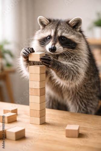 Wallpaper Mural Intelligent Raccoon Carefully Building a Tower with Small Wooden Toy Blocks Torontodigital.ca