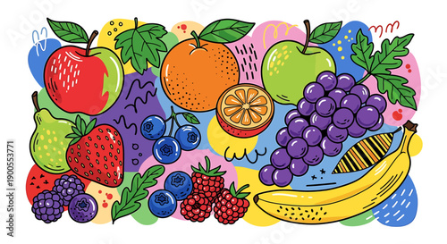 Bright and Playful Doodle Illustration Featuring an Abundance of Fresh Fruits, Perfect for Promoting Healthy Lifestyles and Natural Goodness