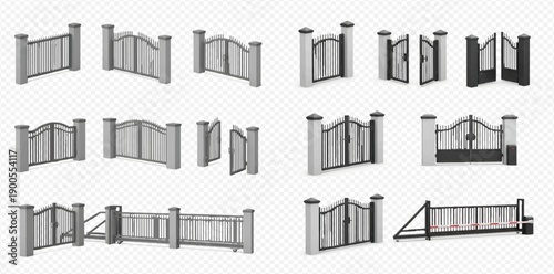 Set of various realistic metal gates and fences with different designs and styles, isolated on transparent background.