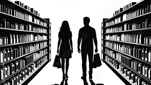 Silhouette of a couple shopping in a supermarket aisle with shopping bags, man and woman buying groceries in retail store, vector illustration