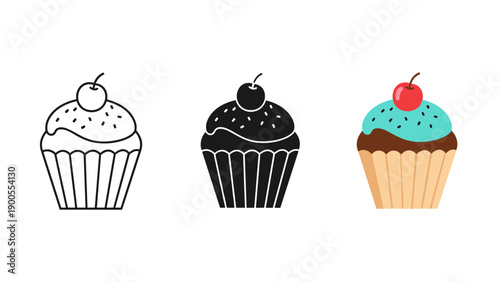 Three cupcakes with different frosting and toppings Vector