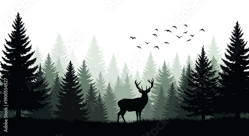 Silhouette of a Deer in a Pine Forest with Birds Flying in the Sky