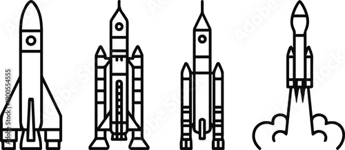 Black and white rocket line drawings set