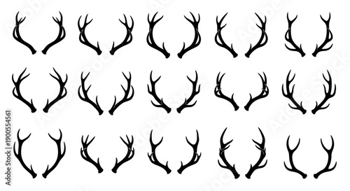 Collection of Black Antler Silhouettes on a White Background, Vector Illustration