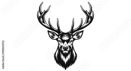 Majestic Stag Head with Antlers, Bold Graphic Illustration, Black and White