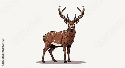 Majestic Spotted Deer with Antlers Standing on a Light Background, Wildlife Illustration