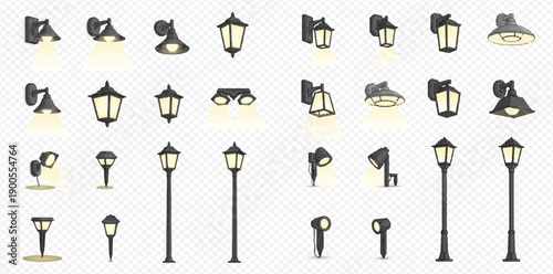 Collection of various outdoor lighting fixtures, including wall lamps, lanterns, spotlights, and streetlights, isolated on a transparent background.