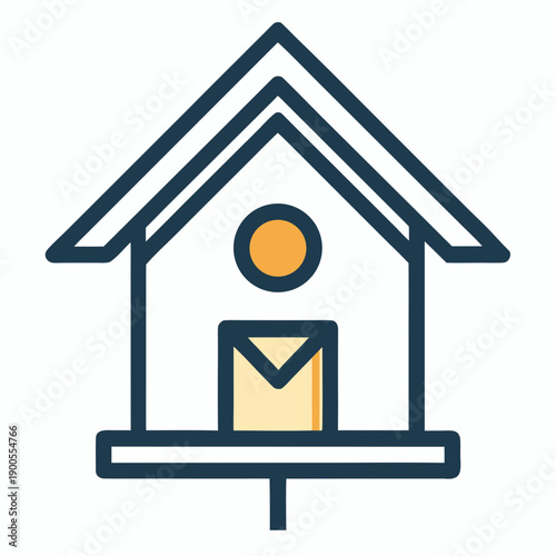 Birdhouse with yellow interior and white background bird home minimal simple line dark blue outline