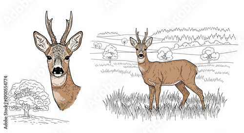 Roe Deer Buck and Landscape Scene in Vintage Art Style, Isolated