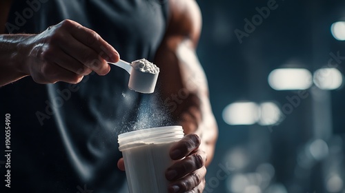 Muscular Man Scooping Protein Powder / プロテインをすくう筋肉質の男性