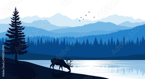 Serene Blue Landscape with Deer Drinking from a Lake and Majestic Mountains