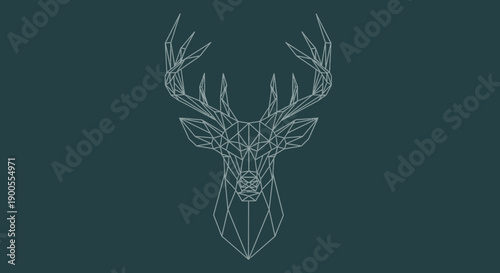 Geometric Deer Head Silhouette on a Dark Teal Background, Minimalist Wireframe Design