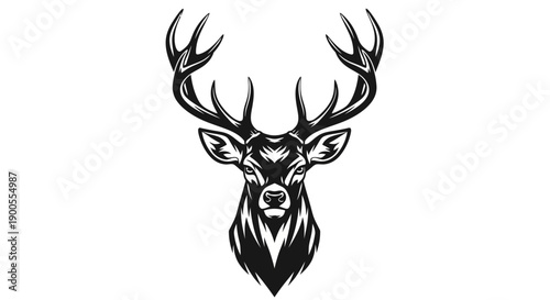 Majestic Stag Head Silhouette with Large Antlers, Bold Black and White Vector Art