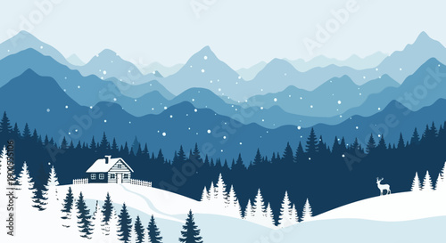 Winter Mountain Landscape with Cabin, Forest, Snowfall, and Deer Silhouette
