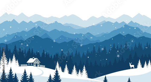 Serene Winter Mountain Landscape with Cozy Cabin and Deer, Snowy Forest Scenery