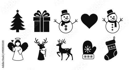 Christmas Icons Set: Tree, Gift, Snowman, Heart, Angel, Deer, Mitten, Stocking