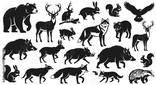 Collection of Diverse Forest Animals Silhouettes on White Background