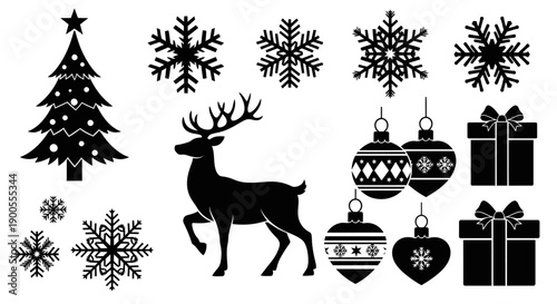 Christmas Silhouette Icons: Festive Tree, Reindeer, Snowflakes, Ornaments, and Gift Boxes