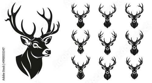 Collection of Majestic Stag Deer Head Silhouettes for Graphic Design and Illustration