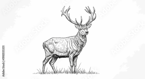 Majestic Antlered Stag Standing Gracefully in a Field of Grass, Artistic Sketch