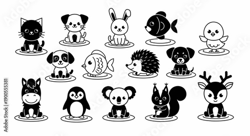 Set of Cute Kawaii Cartoon Animals, Vector Illustrations for Children's Designs