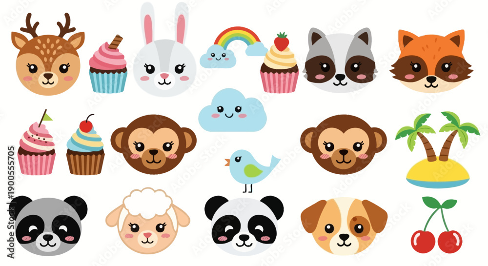 Obraz premium Cute Kawaii Animals and Desserts Collection - Vector Art