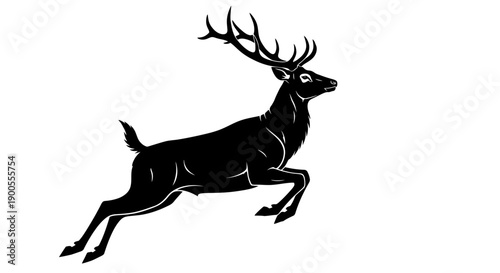 Majestic Black Stag in Full Leap Against a White Background, Illustrating Power and Grace