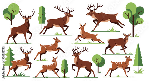 Collection of Stylized Deer and Trees in Various Poses and Styles