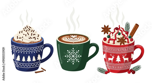 Cozy Winter Holiday Hot Drinks in Festive Mugs with Christmas Decorations