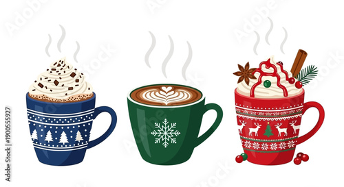 Festive Hot Drinks with Whipped Cream and Christmas Decorations in Mugs