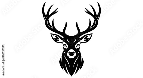 Stylized Black Stag Head with Majestic Antlers on White Background