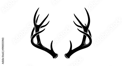 Black Stylized Antlers Silhouette on White Background, Hunting and Nature Symbol