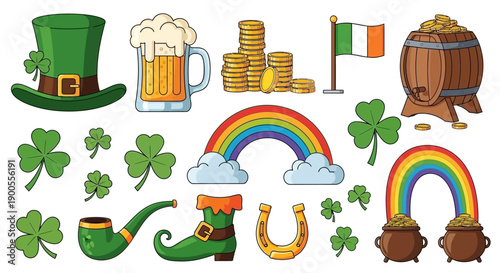 St Patrick's Day Collection of Symbols: Leprechaun Hat, Beer, Coins, Rainbow, Flag, Barrel