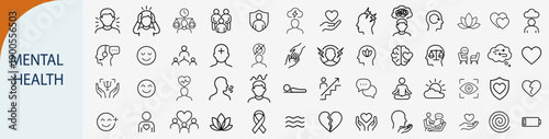 Mental health and psychology line icons set for therapy and wellness