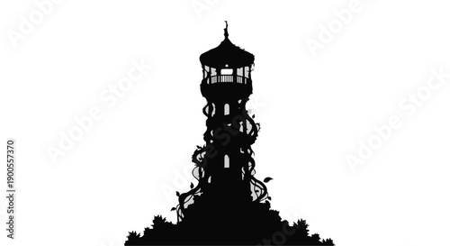 Mysterious silhouette of a gothic tower with overgrown vines against a stark white background