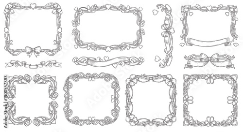 An elegant collection of hand-drawn outline frames and decorative borders, featuring intricate scrollwork, heart motifs, and ribbon elements, ideal for romantic invitations and festive design projects