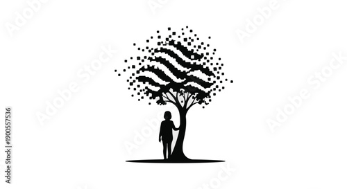 Lone figure stands beside a stylized tree, symbolizing growth and connection to nature.