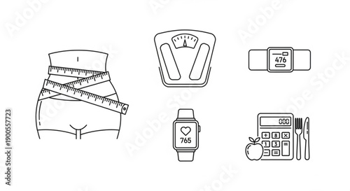A collection of fitness and health-related illustrations featuring a scale, watch, and accessories.