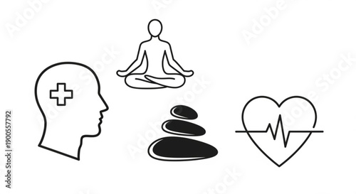 Simple line icons representing meditation, health, and wellness concepts arranged on a clean background, viewed from a straightforward perspective.