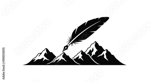 Feather pen writing on mountain peaks, symbolizing creativity and inspiration