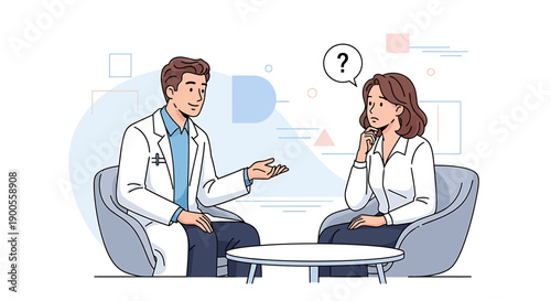 Doctor consulting with a confused female patient in a clinic setting, discussing medical concerns with a question mark symbol indicating uncertainty