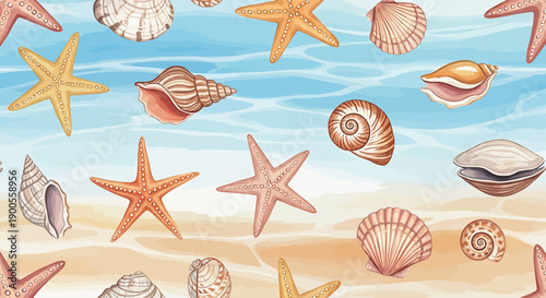 A delightful marine pattern featuring a collection of colorful seashells and starfish scattered across a sandy beach under a bright blue sky with gentle waves