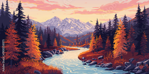 Majestic winter landscape at sunset with snow covered fir trees and frozen mountain peaks under a glowing golden sky at sunrise