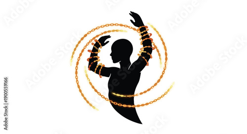 Silhouette of a person dancing with vibrant golden light swirling around them.