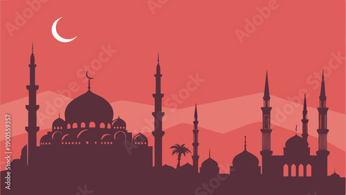 Silhouette of mosque with crescent moon and minarets
