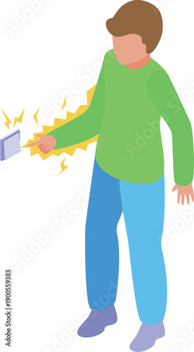 Isometric illustration depicts a child experiencing an electric shock from a faulty light switch, emphasizing the importance of electrical safety for children